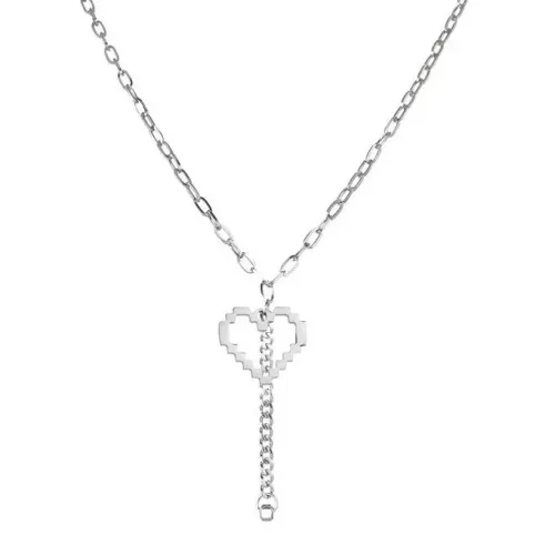 NTM3930 Pixel Heart Tassel Necklace for Women Stainless Steel Pendant Jewelry Accessory