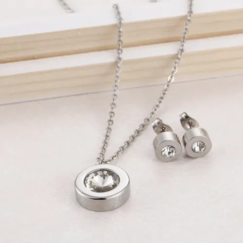 NTM2800 Solitaire Diamond Pendant Stainless Steel Stud Earrings Set Women's Clavicle Chain