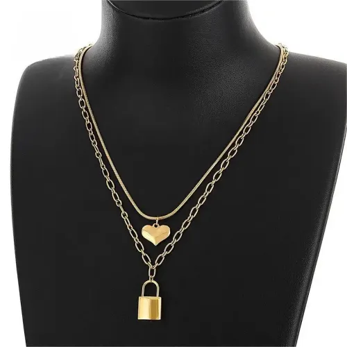NTM2851 Double Layer Heart Lock Pendant Stainless Steel Necklace for Women Love Jewelry