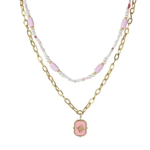 NTM3412 Elegant Double Layered Beaded Sweater Chain with Stainless Steel Octagram Star Pendant for Women