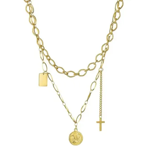 NTM3440 Queen's Cross Pendant Necklace in Stainless Steel Square Round Tag Women's Jewelry