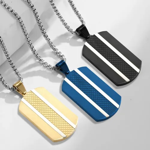 NTM1171 Men's Plaid Brushed Dog Tag Pendant Layered Hoodie Look Stainless Steel Necklace