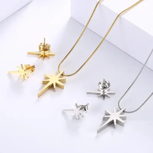 NTM2706 Lucky Star Full Diamond Stainless Steel Pendant Necklace Set in Three Colors for Women