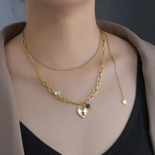 NTM3331 14K Gold Millet Flower Double Layered Embossed Chain Necklace for Women Stainless Steel Jewelry