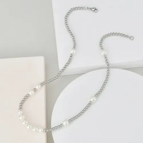 NTM3830 Women's Hip Hop Stainless Steel Clavicle Beaded Pearl Necklace Chic Streetwear Jewelry