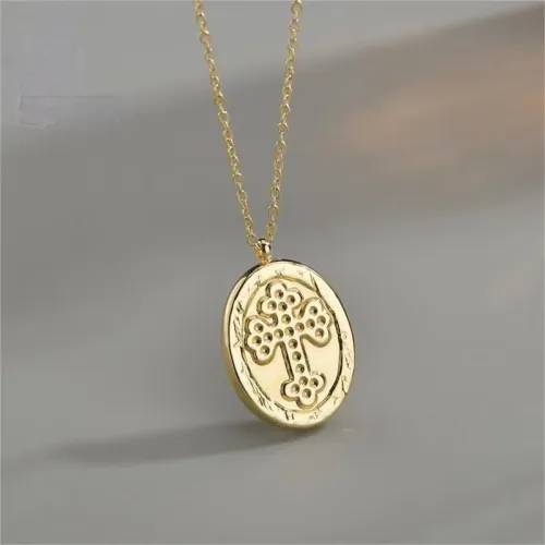 NTM3687 14K Gold Element Cross Coin Pendant Necklace, Elegant Clavicle Chain