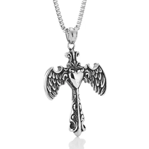 NTM2290 Cross Pendant Necklace Men's Stainless Steel Heart Wings Design