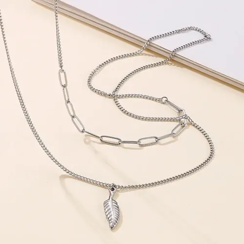 NTM2625 Wing Pendant Double Layered Necklace for Women Stainless Steel Sweater Chain