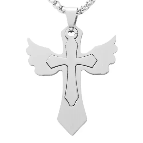 NTM1866 Angel Wing Cross Pendant Stainless Steel Necklace for Women