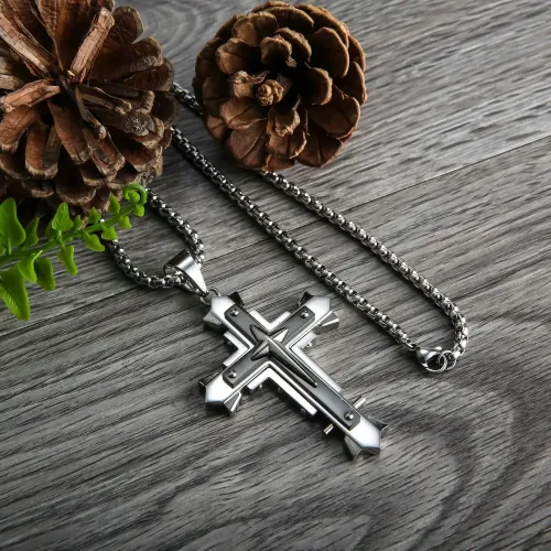 NTM2361 Men's Triple Layer Cross Necklace Dark Knight Stainless Steel Chain