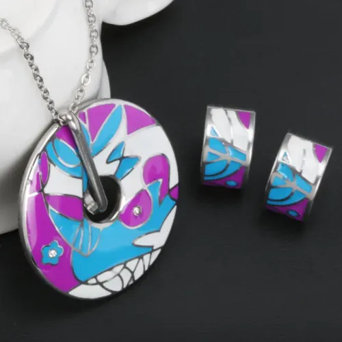 NTM2319 Enamel Necklace and Earring Set Stainless Steel Round Pendant Colorful Jewelry