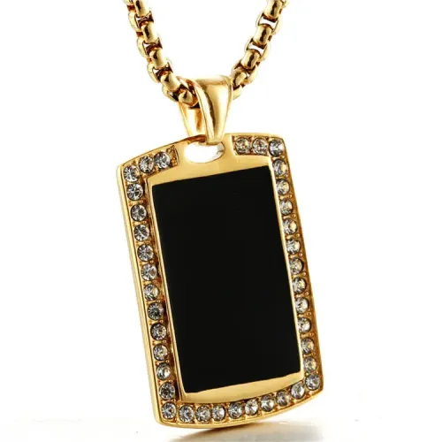 NTM2195 Full Diamond Black Pendant Necklace Military Dog Tag Stainless Steel Rectangular Tag