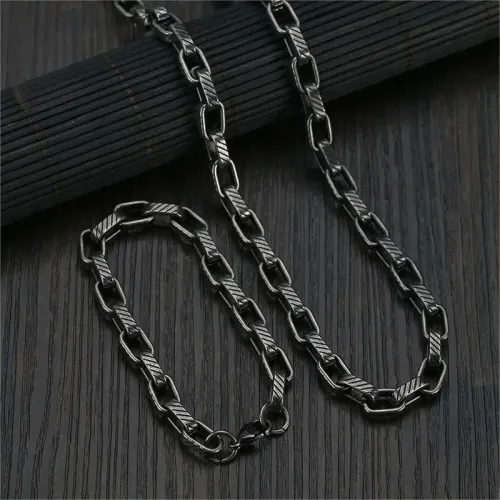NTM3742 Hip Hop Men's Stainless Steel Necklace Bracelet Set Cool Diagonal Pattern
