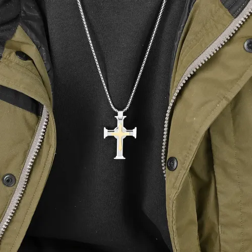 NTM1156 Triple Layer Floral Cross Pendant Men's Stainless Steel Chain Necklace