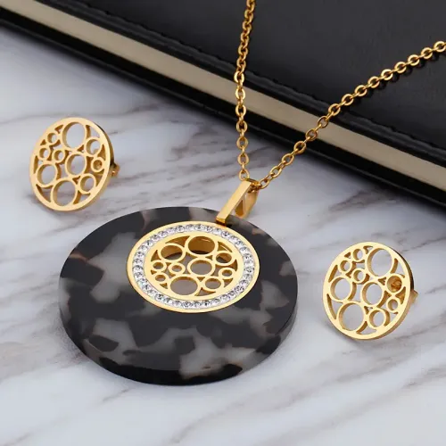 NTM3058 Gold Hollow Out Resin Diamond Necklace Earrings Set Luxury Jewelry Combo