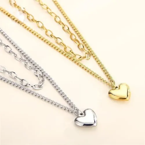 NTM2820 Hip Hop Sweatshirt Chain with Heart Pendant Stainless Steel Double Layer Necklace for Women