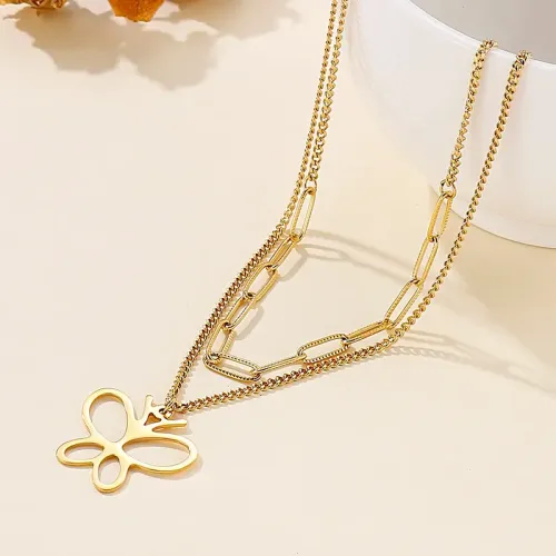 NTM2624 Double Layer Butterfly Pendant Necklace for Women Sweater Chain Accessory