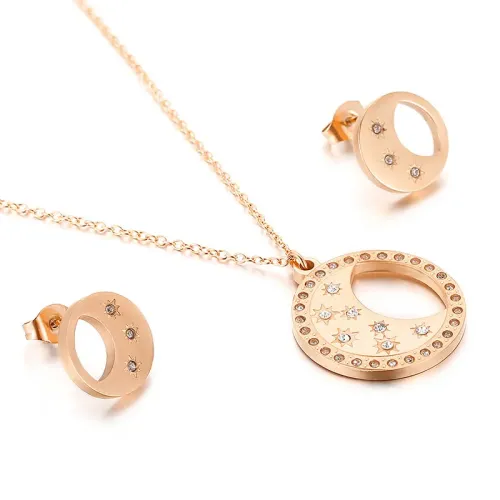 NTM2964 Stainless Steel Moon Star Jewelry Set with Rhinestone Earrings Necklace for Women