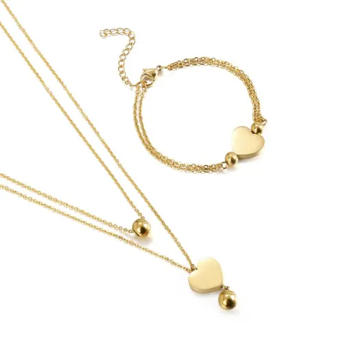 NTM2631 18K Gold Plated Stainless Steel Double Layer Heart Necklace Bracelet Set for Women