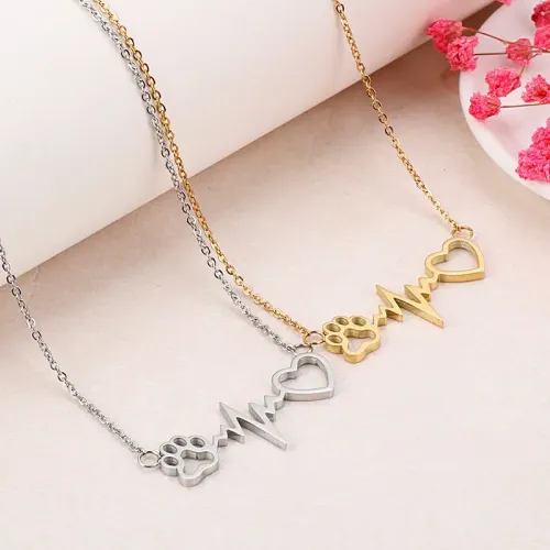 NTM2556 Stainless Steel Paw Print Heart Pendant Cat Lover's Long Collarbone Necklace