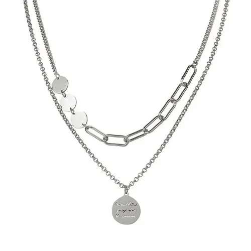 NTM3729 Women's Stainless Steel Double Layered Circle engrave Pendant Necklace Sweater Chain Jewelry