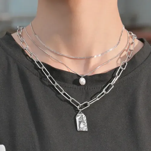 NTM3789 Triple Layered Pearl Necklace with Pressed Square Portrait Pendant Stainless Steel Sweater Chain