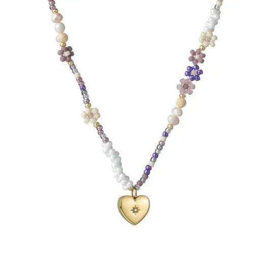 NTM3552 Blue Daisy Beaded Necklace Stainless Steel Sweater Chain for Women