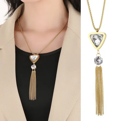 NTM2926 Fashion Long Tassel Cubic Zirconia Stainless Steel Collarbone Necklace for Women