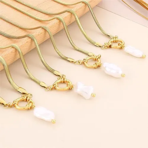 NTM3021 Hip Hop Chunky Snake Chain with Baroque Faux Pearl Stainless Steel Necklace