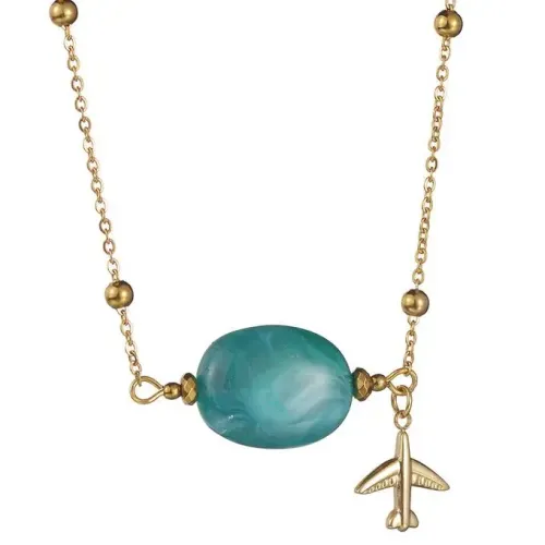 NTM3604 Colorful Natural Stone Pendant Necklace with Stainless Steel Clavicle Chain Airplane Dragonfly Design