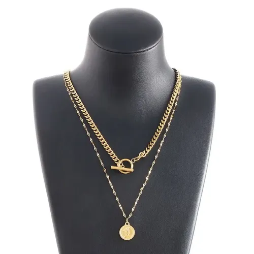 NTM2931 Multi Layer Round Portrait Pendant OT Clasp Stainless Steel Necklace, Gold Women's Jewelry