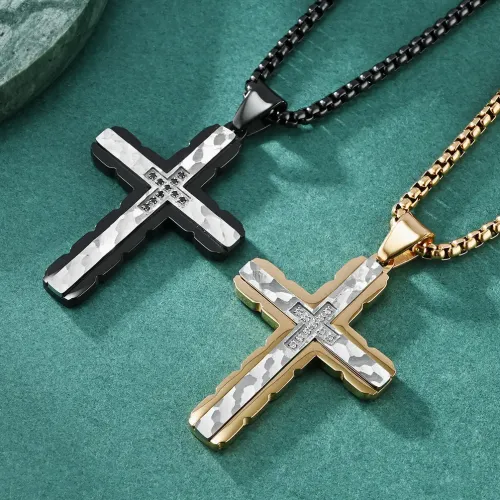 NTM1217 New Men's Dual Tone Stainless Steel Cross Necklace with 3D Triangle Hollow Gemstone Inlay