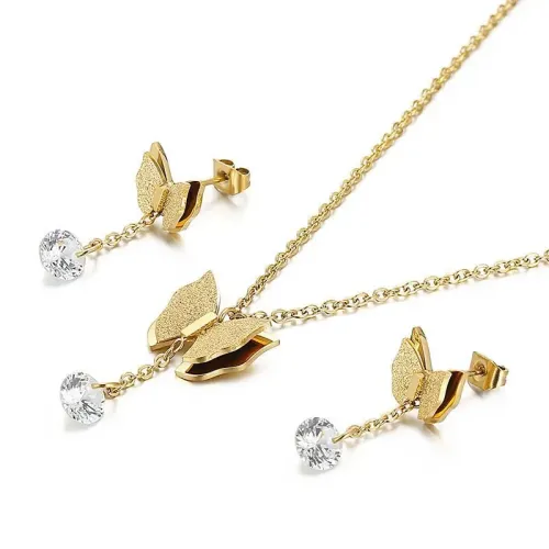 NTM2778 Electroplated Stainless Steel Rhinestone Butterfly Earrings Necklace Set for Women