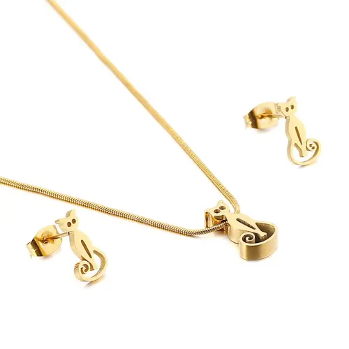 NTM2725 Cute Stainless Steel Kitten Necklace Set for Women Adorable Cat Lover Jewelry