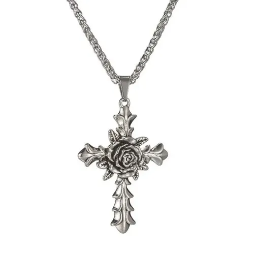 NTM3906 Unisex Rose Flower Cross Pendant Long Sweater Necklace Fashion Chain for All