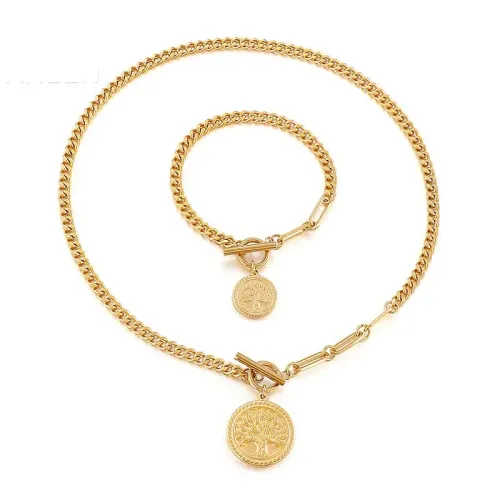 NTM3023 Stainless Steel Tree of Life Pendant T Bar Necklace Bracelet Set for Women