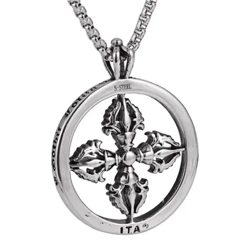 NTM2142 Stainless Steel Cross Vajra Pendant Circular Necklace with Buddhist Charm