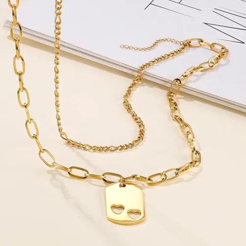 NTM2777 Double Layered Stainless Steel Square Hollow Heart Pendant Sweater Chain for Women