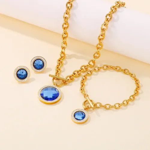NTM3110 Full Diamond Rhinestone Stainless Steel O Chain Jewelry Set Necklace, Bracelet Studs for Women
