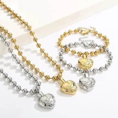 NTM2811 Stainless Steel Heart Bead Chain Necklace and Bracelet Set for Women Elegant Jewelry Combo