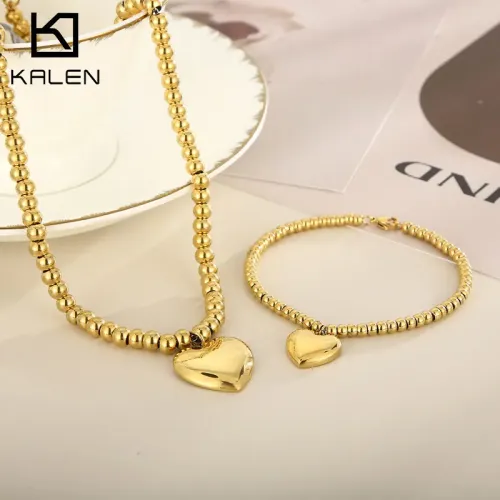 NTM2714 3D Heart Stainless Steel Bead Necklace Bracelet Set for Women Chic Jewelry Combo