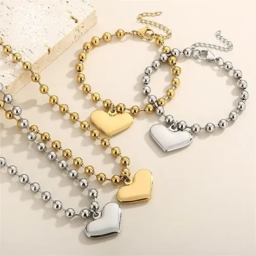 NTM2785 Stainless Steel Heart Bead Necklace and Bracelet Set for Women Chic Love Jewelry