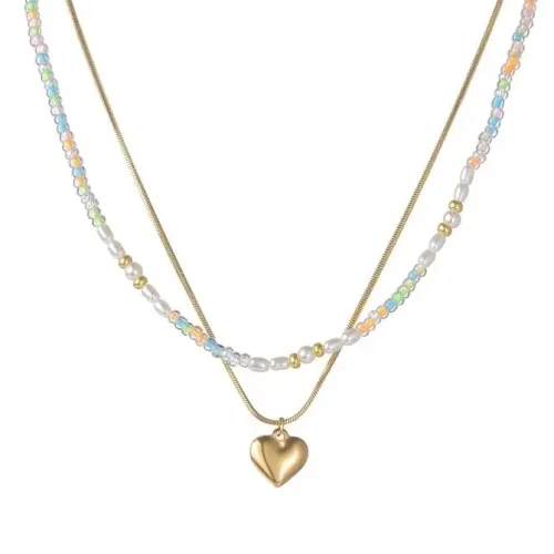 NTM3453 Empress Dowager Inspired Double Layered Pearl Necklace with 18K Gold Heart Pendant for Women