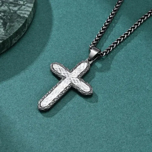 NTM1190 Men's Two Tone Diamond Cut Bark Pattern Stainless Steel Cross Necklace Pendant