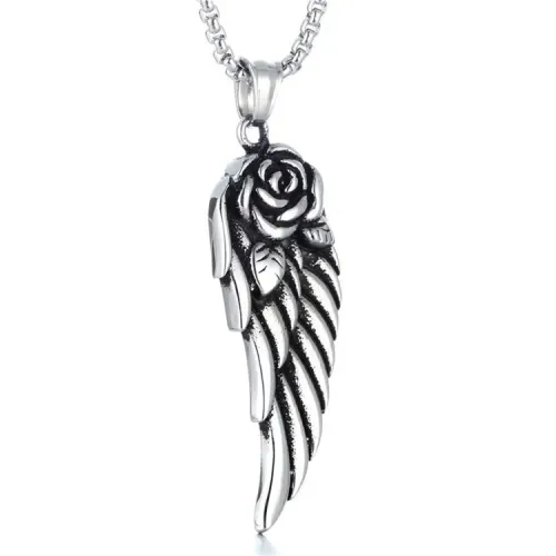 NTM2190 Winged Pendant Punk Necklace Stainless Steel Single Wing with Rose Charm