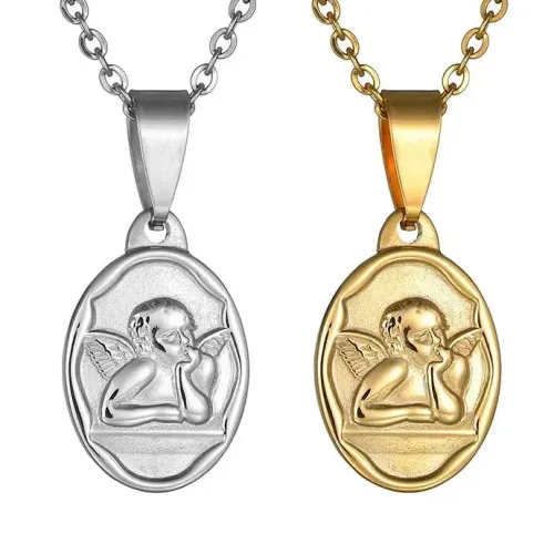 NTM3881 Cute Cupid Angel Pendant Necklace Stainless Steel Round Tag Sweater Chain