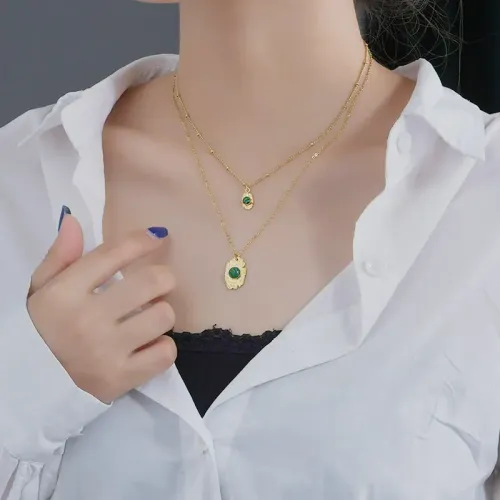 NTM3328 Winter Collection: 14K Gold Turquoise Embossed Double Layer Necklace for Women Stainless Steel Jewelry