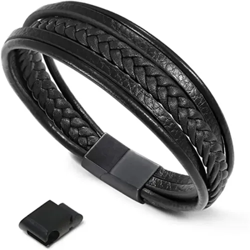 BTM751 Men's Multi-Layer Braided Leather Rope Bracelet with Stainless Steel Magnetic Clasp