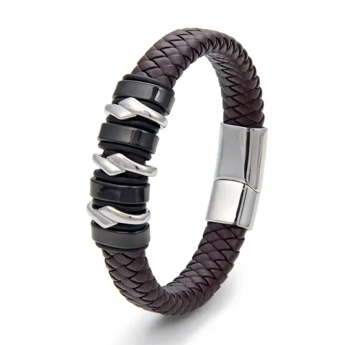 BTM830 Luxury Men's Titanium Steel Cowhide Bracelet Multicolor Braided Leather Wristband