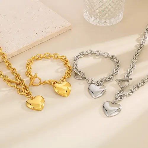 BTM1014 Heart Necklace Bracelet Set with OT Clasp 8mm O-Chain Titanium Steel Women's Jewelry